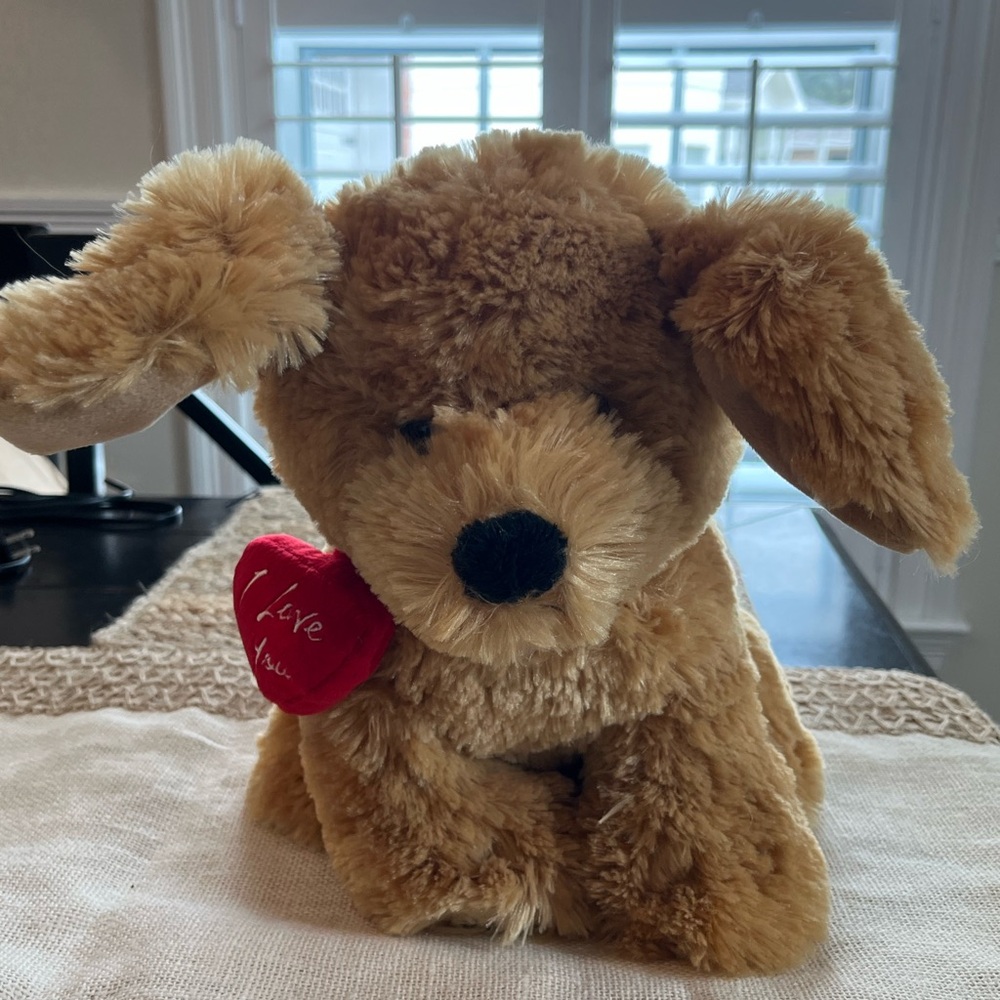 Chrisha Playful Plush Tan Brown Dog Red Heart I Love You Fluff Stuffed Animal